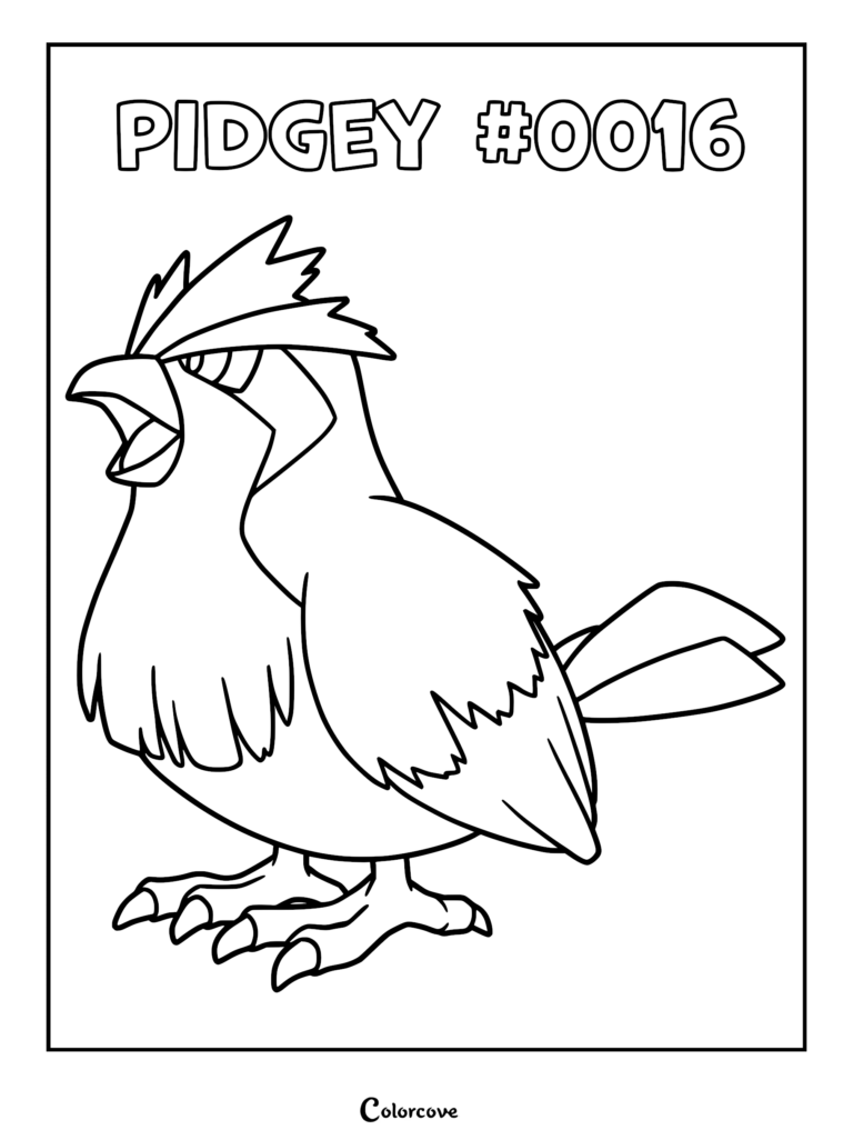 A printable coloring page featuring Pidgey #0016 with its signature crest and sharp beak.