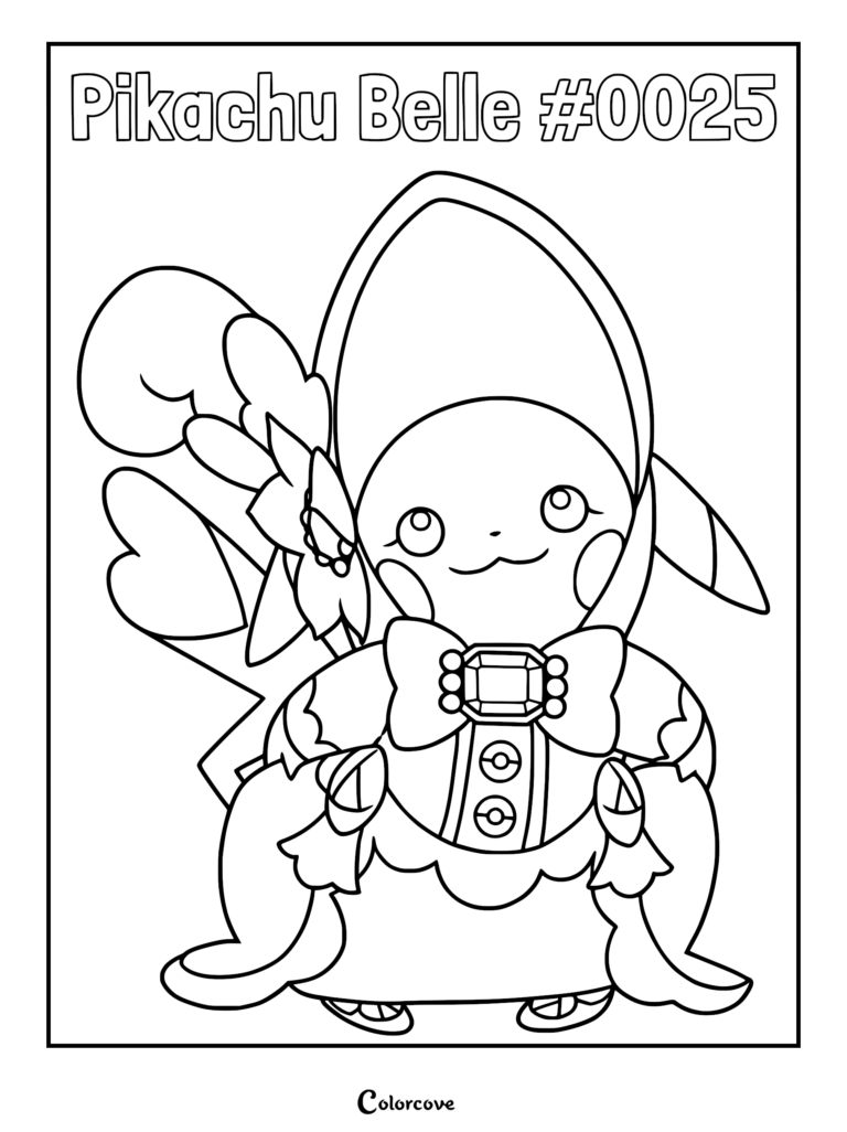 Pikachu Belle wearing a fancy dress and bonnet in this printable coloring page.
