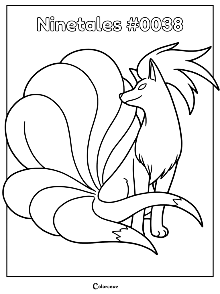 A printable coloring page featuring Ninetales with its nine elegant tails fanned out behind it.