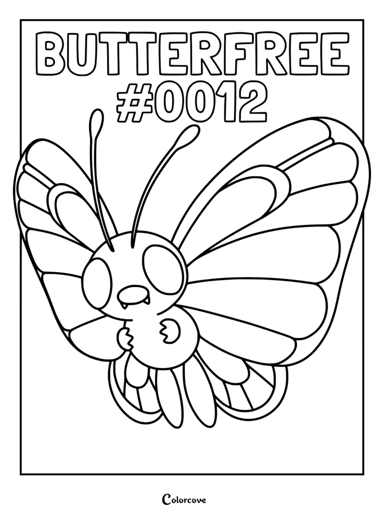 Butterfree #0012 Pokemon coloring page featuring the butterfly character with large wings and antennae.