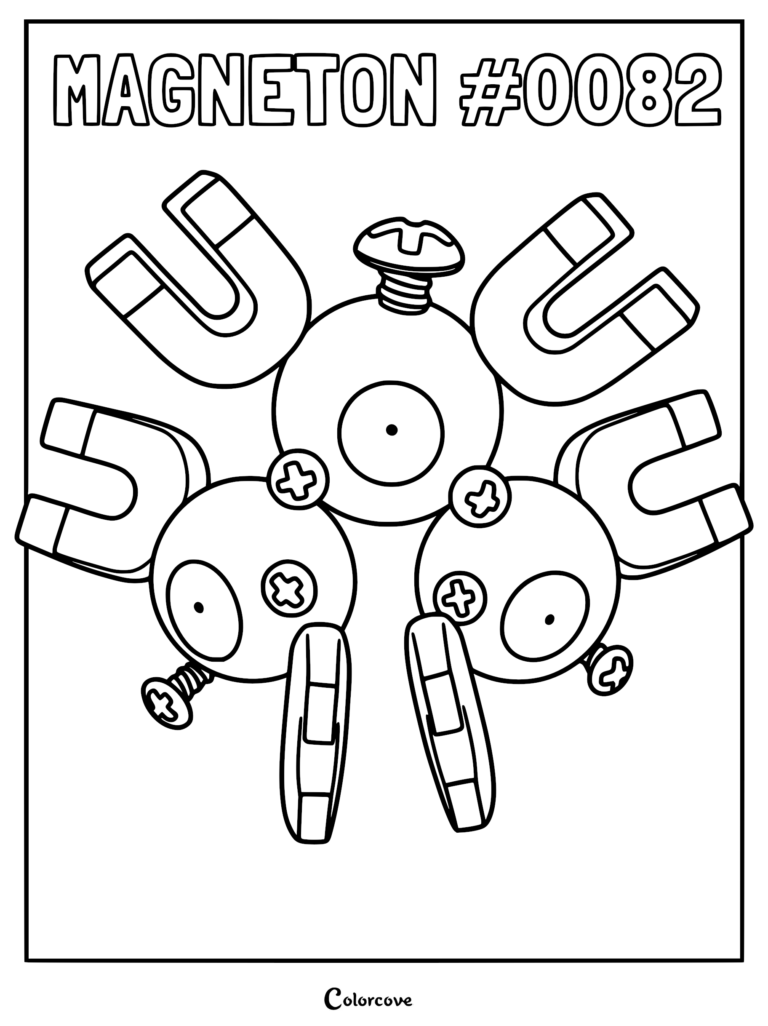Magneton Pokemon coloring page featuring three connected Magnemite units with horseshoe magnets and screws.