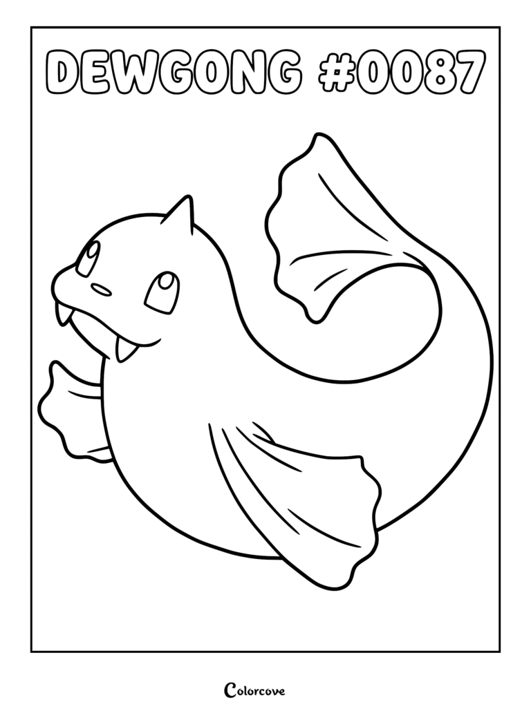 Dewgong #0087 Pokemon coloring page featuring the sea lion creature with large flippers and tusks in a swimming pose.