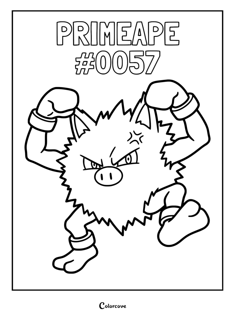 Primeape #0057 with an angry expression and raised fists in a black and white coloring page.