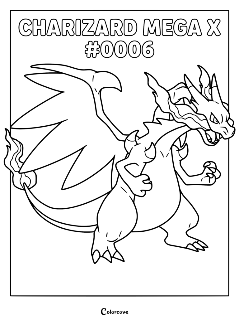 Charizard Mega X standing in a dynamic pose, detailed line art coloring page with flame tail.