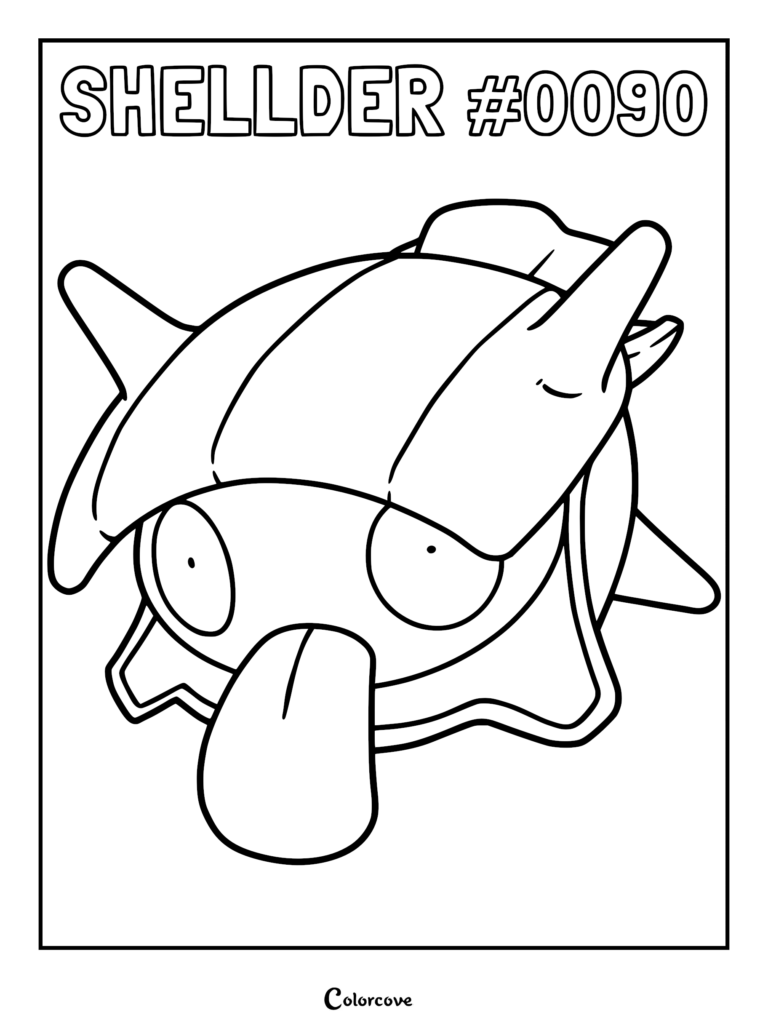 A printable coloring page featuring Shellder with its signature bivalve shell and long tongue extended.