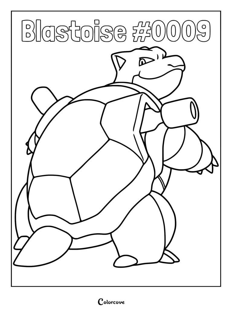 Blastoise standing with its dual hydro cannons visible in this printable coloring page.