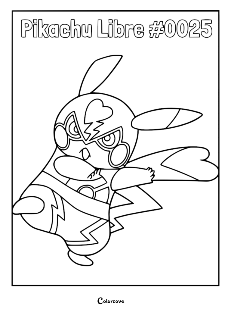 Pikachu Libre wearing a wrestling mask and outfit in a dynamic pose, featured on a printable coloring page.