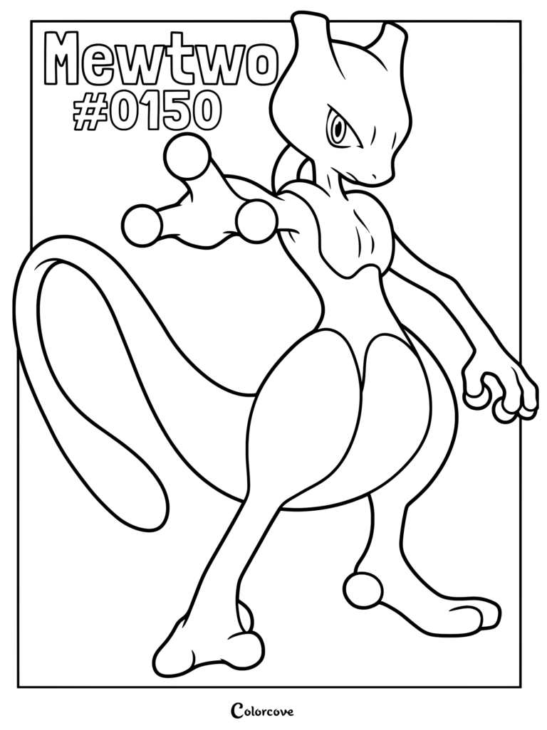 Mewtwo #0150 Pokémon Kanto coloring page showing Mewtwo extending its hand forward with focused eyes