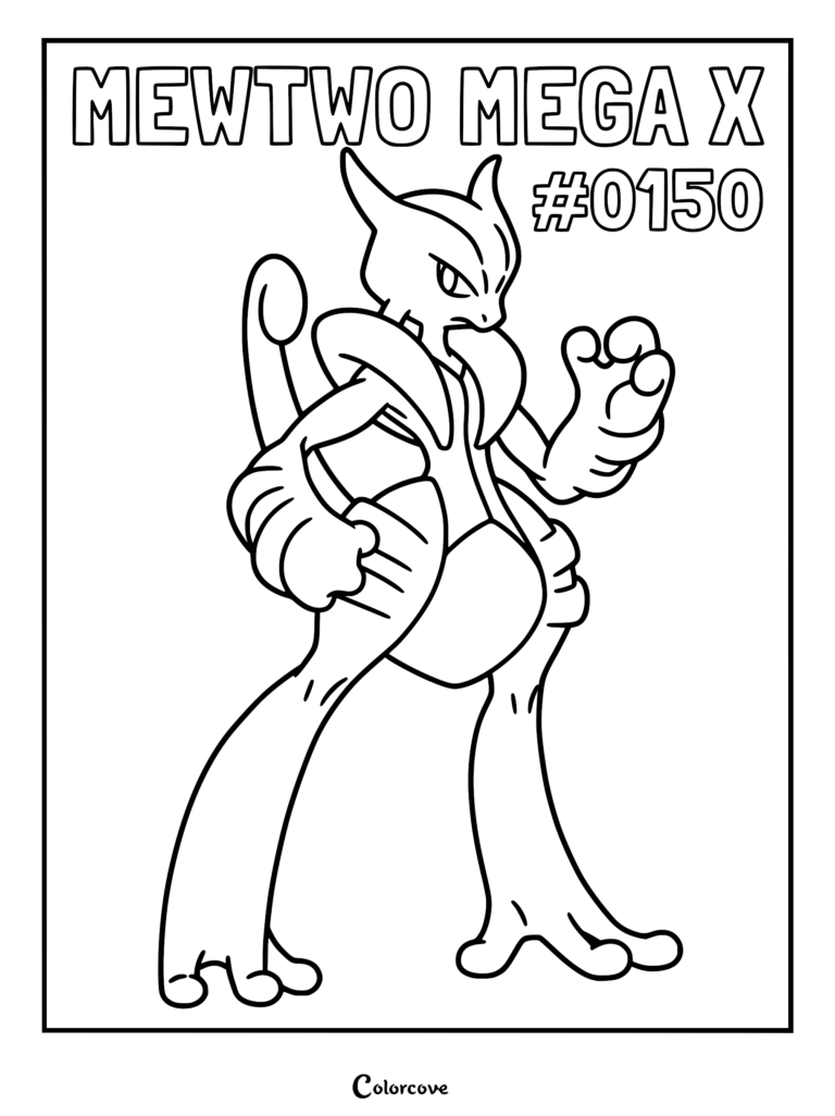 Mewtwo Mega X standing in a powerful pose on a printable coloring page.