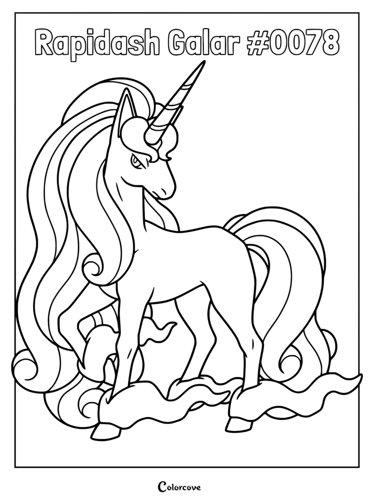 Galarian Rapidash with a long flowing mane and horn in a printable coloring page format.
