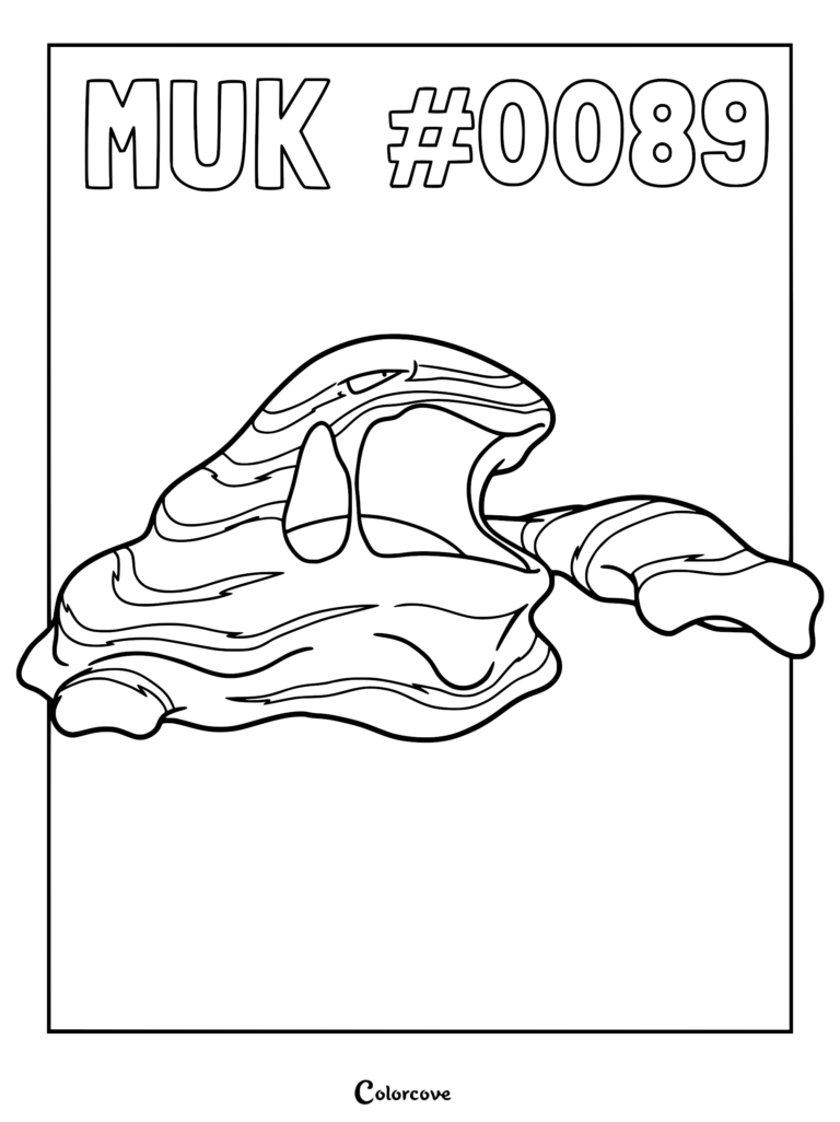 A printable coloring page featuring the Kanto Pokemon Muk with its signature sludge-like body and one arm extended.