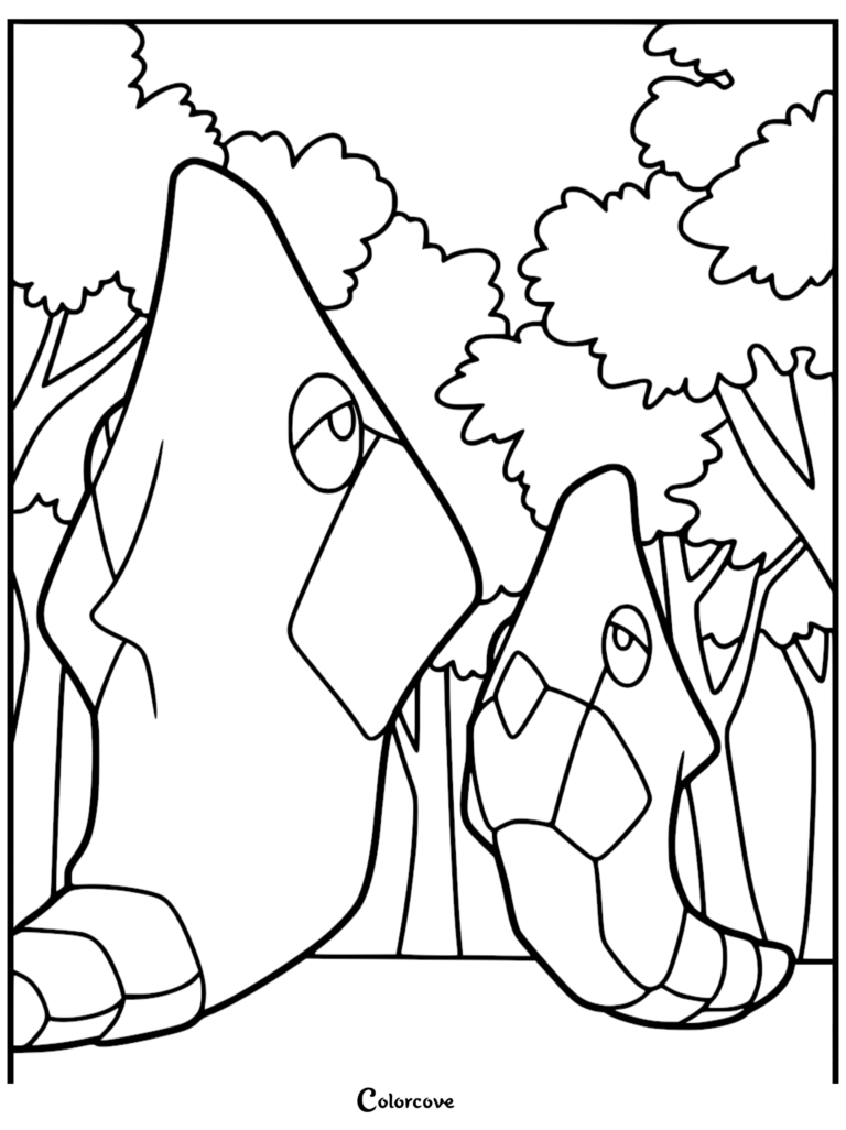 Two Metapod Pokémon standing side by side in a forest setting, line art coloring page.