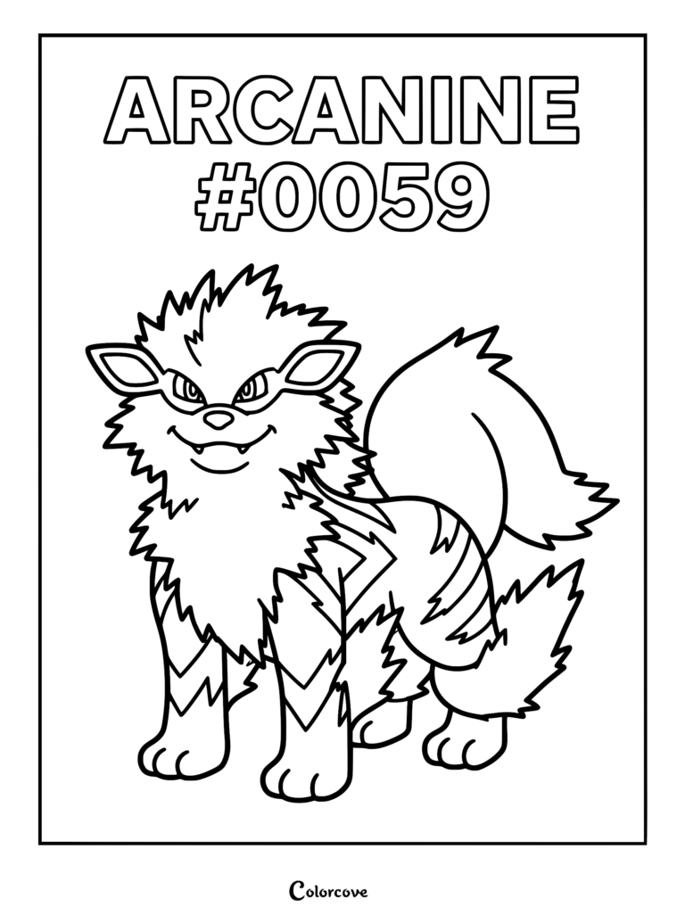 Arcanine standing proudly in a printable coloring page featuring the Kanto region Pokemon #0059 with striped fur and fluffy mane.