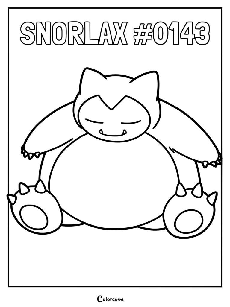 Snorlax sitting down with eyes closed in a simple line art coloring page.
