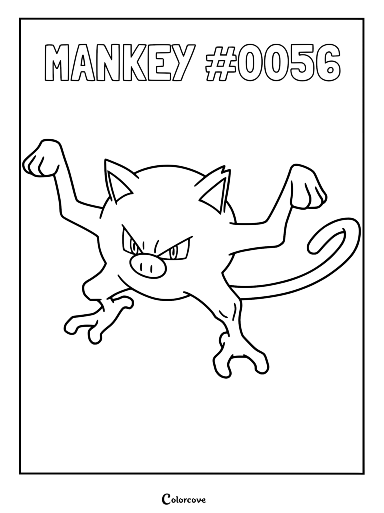 A printable coloring page featuring the Kanto Pokemon Mankey in a dynamic, aggressive stance with its arms raised.