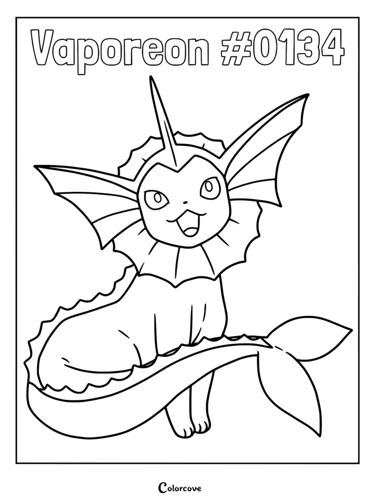 A printable Vaporeon coloring page featuring the water-type Pokemon with its signature finned collar and mermaid-like tail.