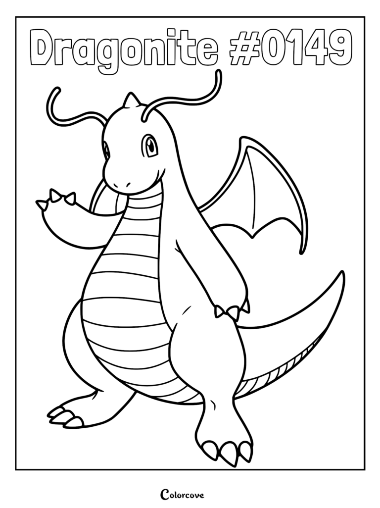 Dragonite standing with wings spread in this printable Pokemon Kanto coloring page.