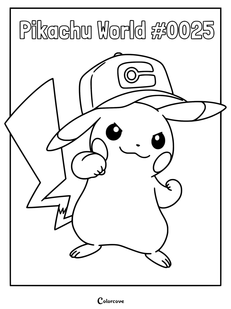 Pikachu wearing a baseball cap with a C logo, standing in a confident pose, featured on a printable coloring page.