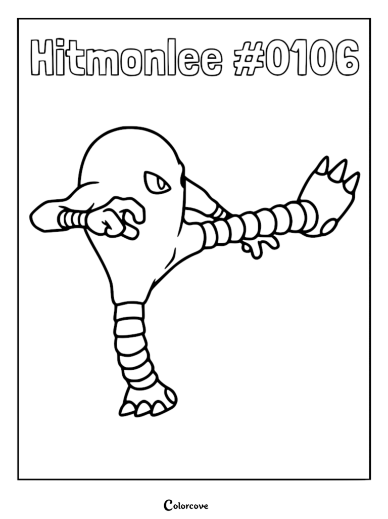 Hitmonlee #0106 performing a high kick in this printable Pokemon coloring page.