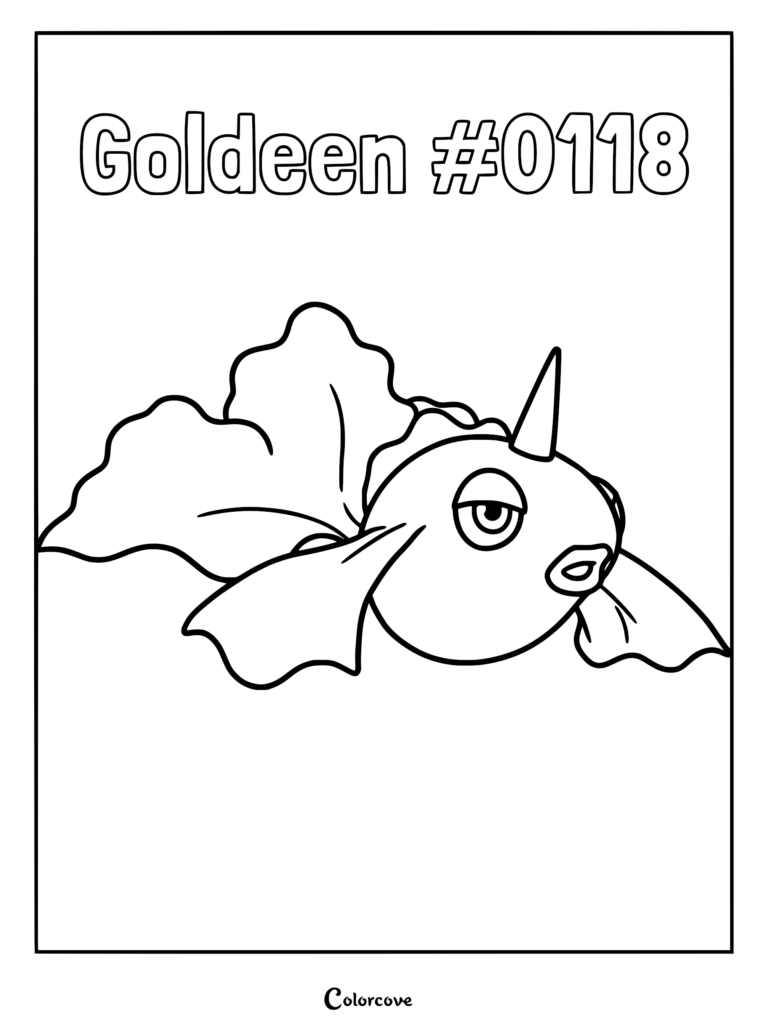 Goldeen #0118 with flowing fins and a horn in a printable coloring page format.