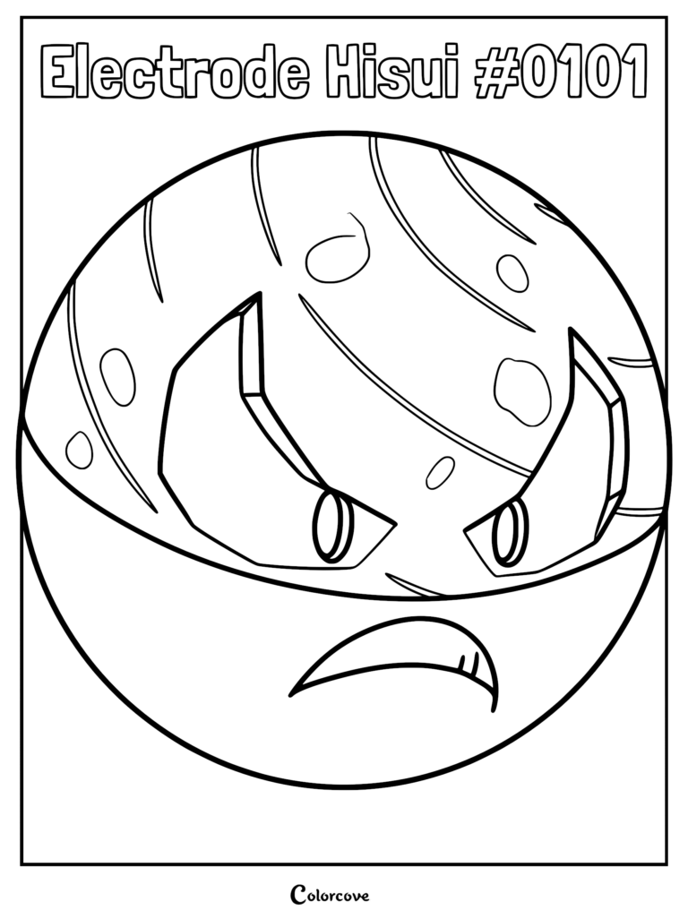 A printable coloring page featuring the spherical Hisuian Electrode with its distinct wooden texture and angry expression.