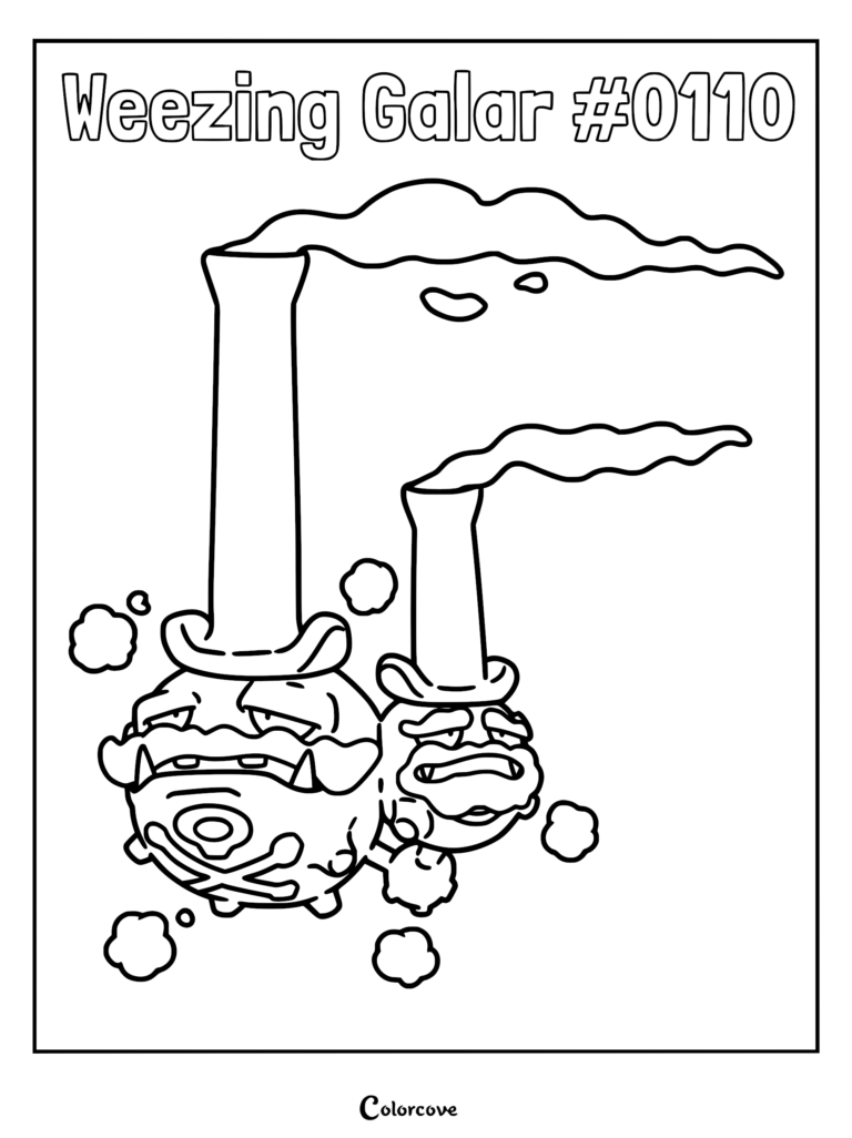 Galarian Weezing with two smokestack hats releasing smoke, printable coloring page.