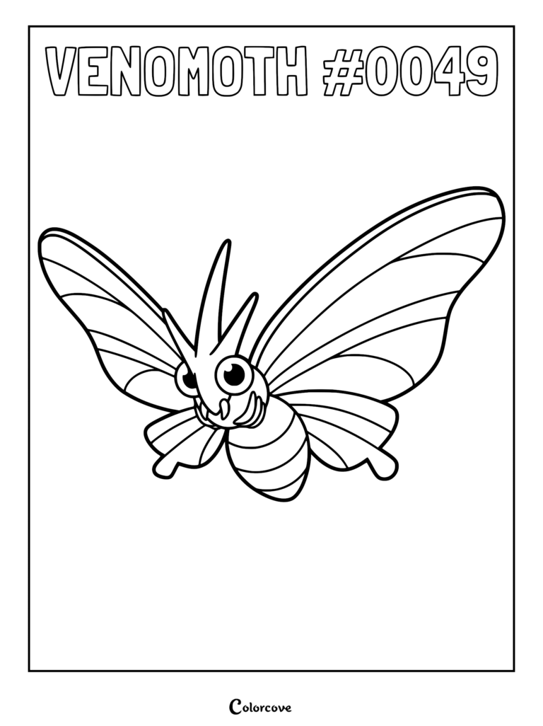 Venomoth #0049 line art coloring page featuring the Kanto moth Pokemon with large wings and antennae.