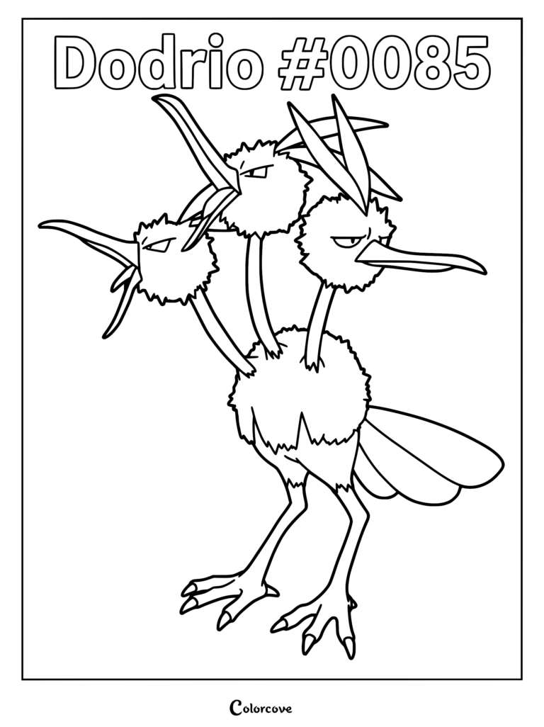 Dodrio with three distinct heads and sharp beaks in a printable coloring page format.
