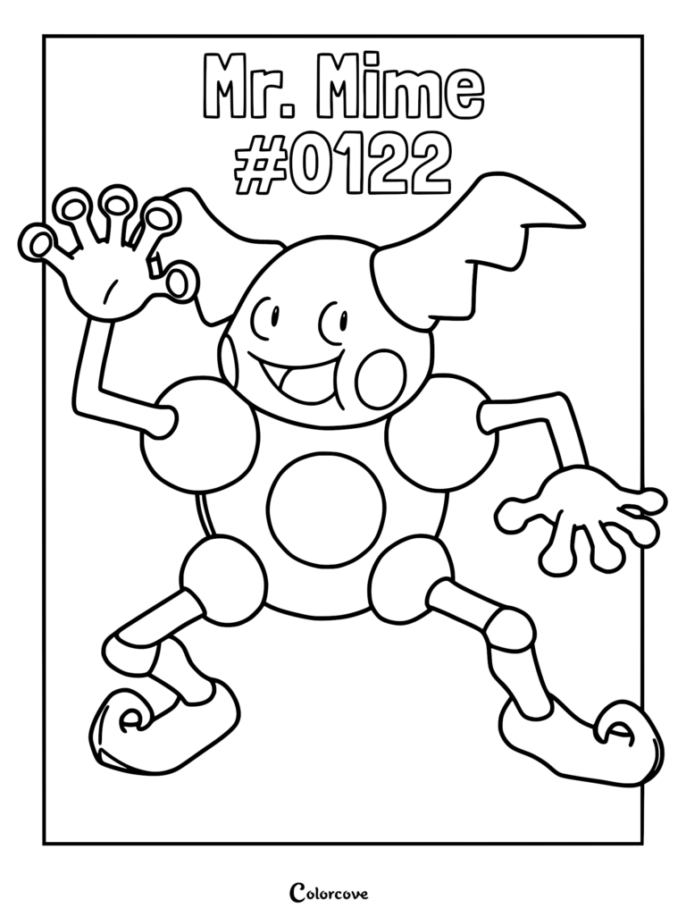 Mr. Mime #0122 standing with hands raised in a playful pose on a printable coloring page.