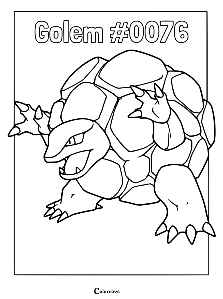 Golem #0076 standing in a dynamic pose for a printable coloring page