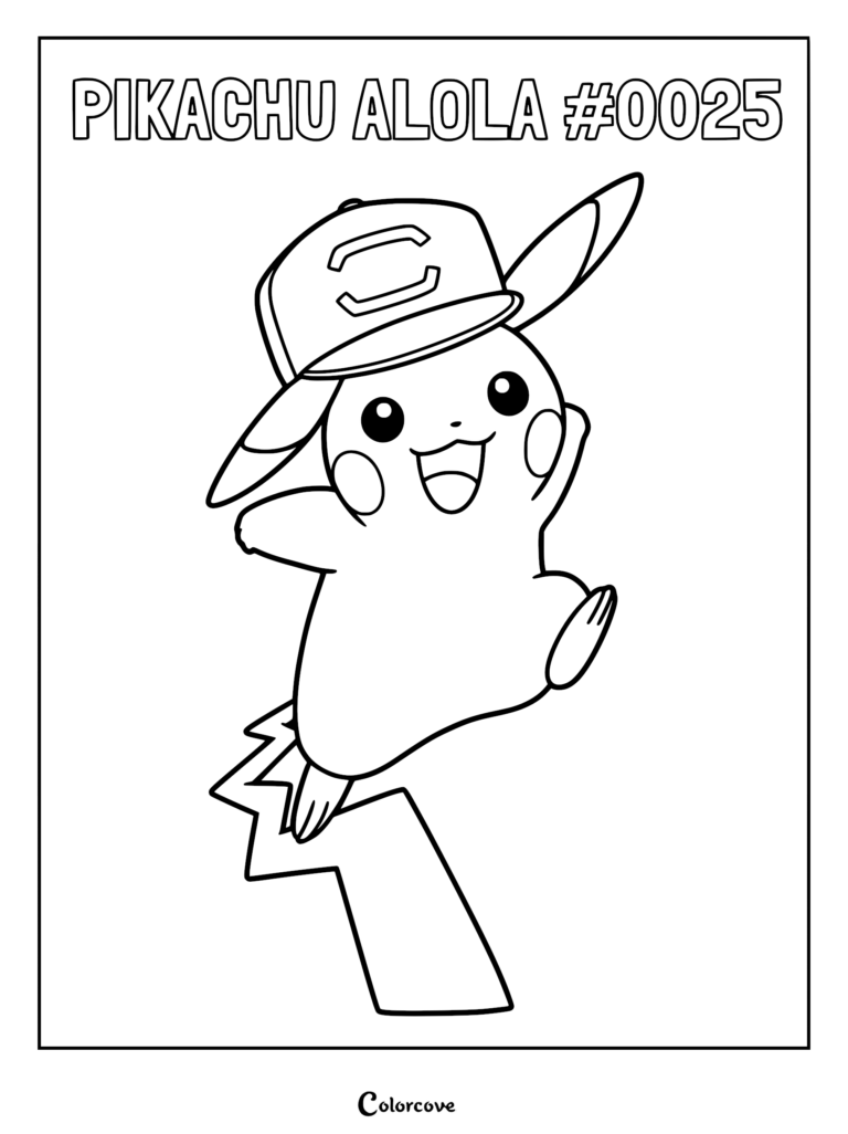 Pikachu Alola wearing a cap, jumping in a joyful pose, printable coloring page.