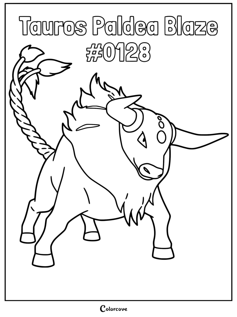 A detailed line art coloring page of Tauros Paldea Blaze with its signature horns and braided tail.