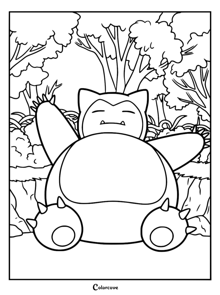 Snorlax sitting with arms raised in a forest setting, printable coloring page for kids.
