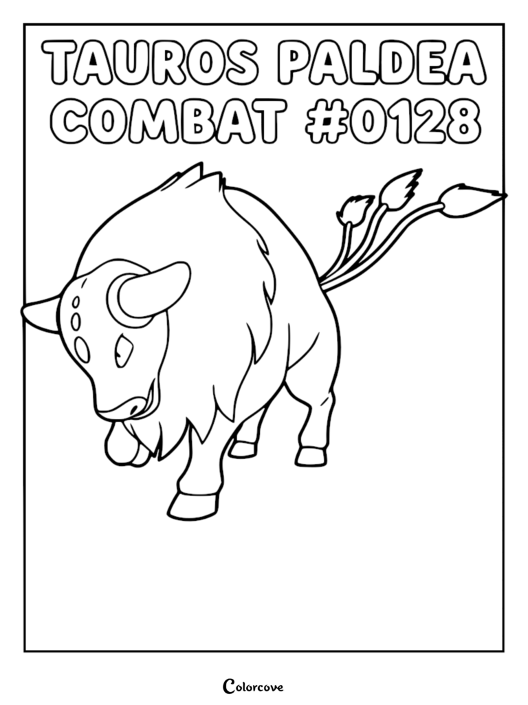 A printable coloring page featuring the Paldean Tauros Combat Breed with its signature three-pronged tail and muscular build.