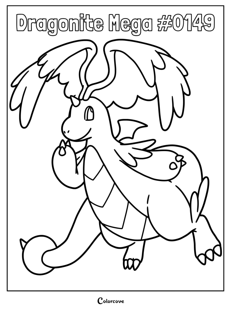 Dragonite Mega #0149 coloring page featuring the dragon-type creature with large wings in a line art style