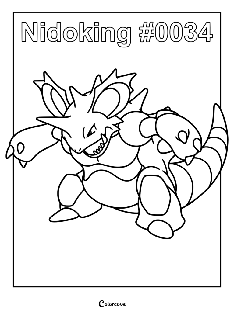 Nidoking #0034 standing in a powerful stance, detailed line art coloring page.