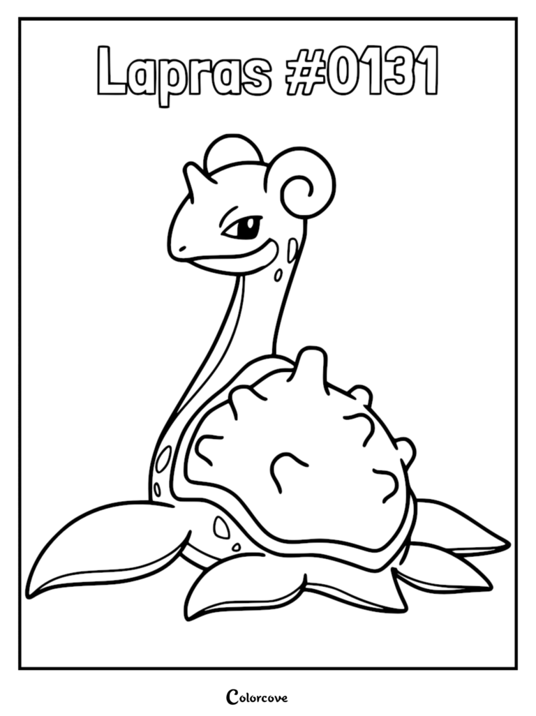 Lapras #0131 Pokemon Kanto coloring page featuring the water-type creature with its signature shell and curled ears.