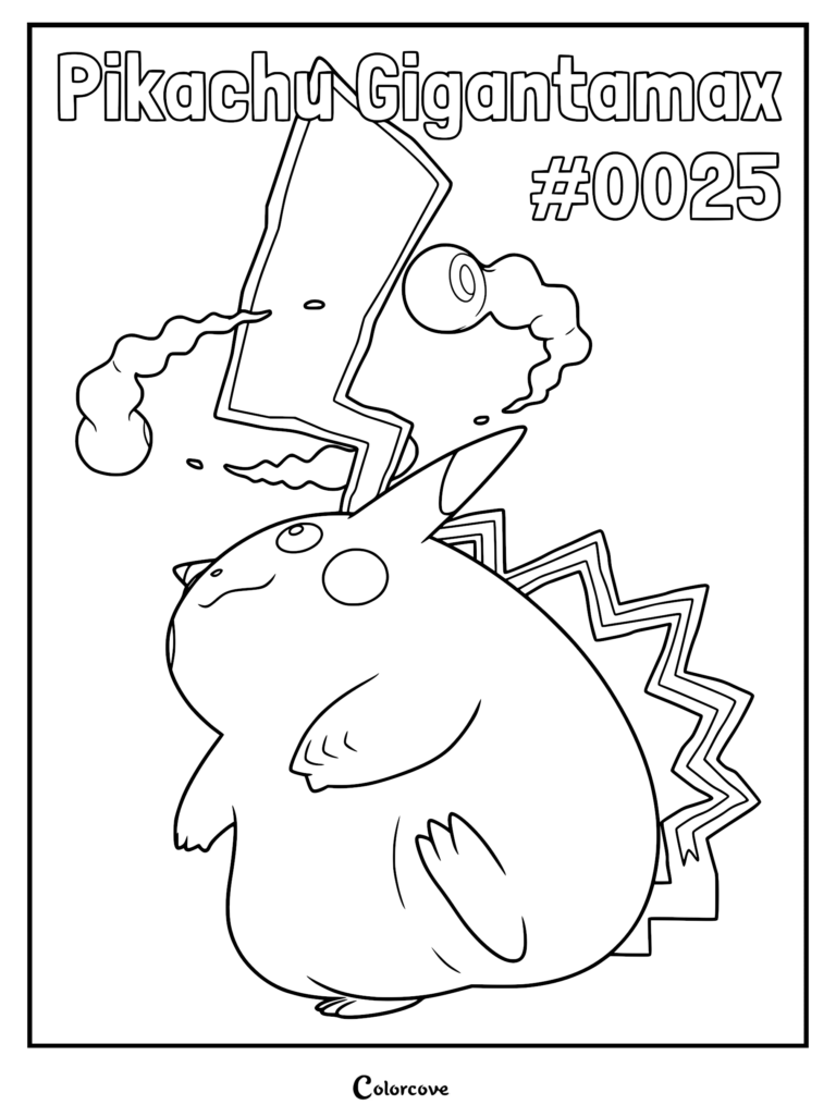 Gigantamax Pikachu with a giant lightning bolt tail in this printable coloring page.