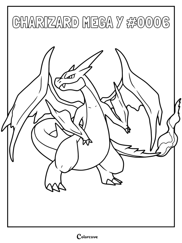 Mega Charizard Y with large wings and flaming tail in a printable coloring page format.