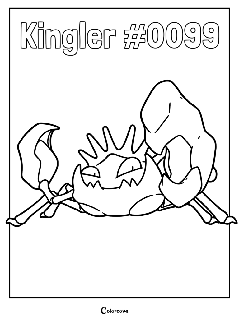 Kingler #0099 with its massive left pincer raised in a printable coloring page format.