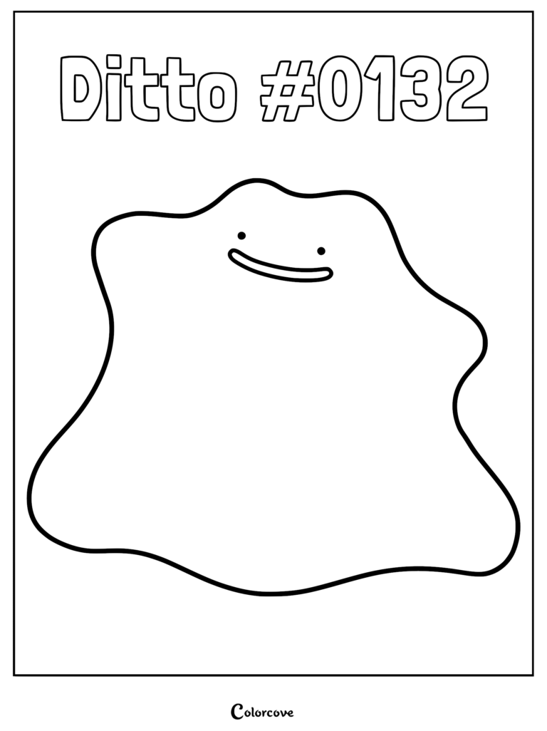 A simple line art coloring page of the amorphous Pokemon Ditto with its signature dot eyes and smiling mouth.