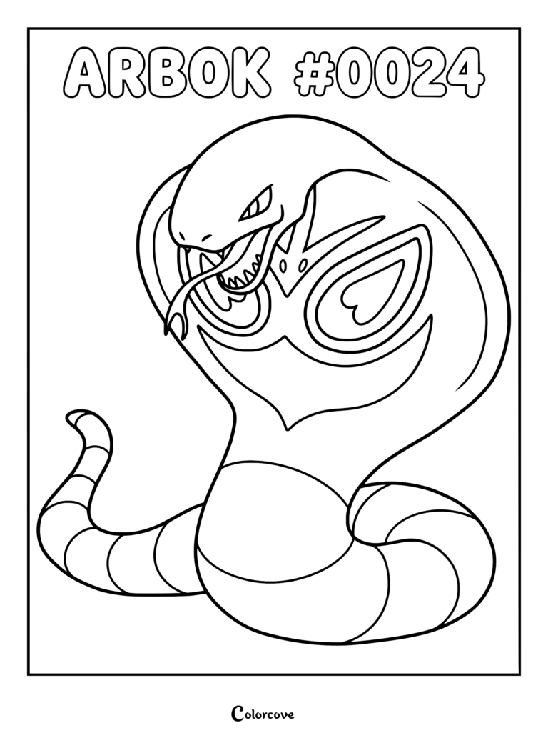 Arbok #0024 Kanto Pokemon coloring page featuring the cobra-like snake with a hood pattern and fangs bared.