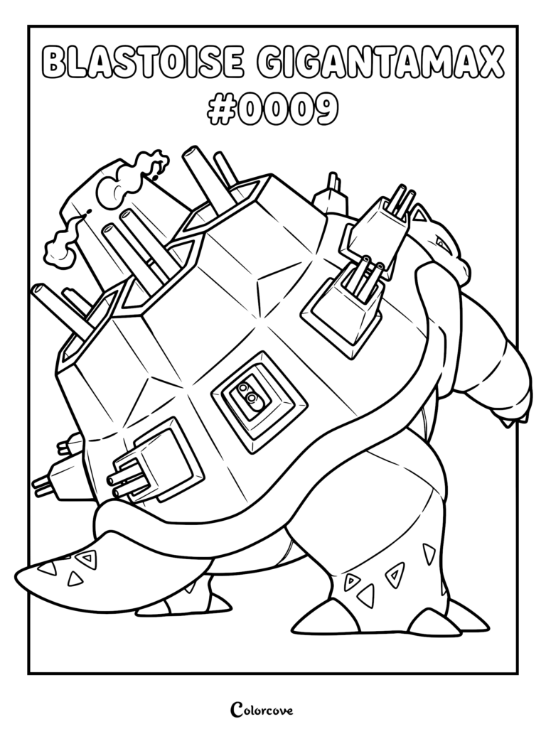 Gigantamax Blastoise with multiple cannons on its shell in this printable coloring page.