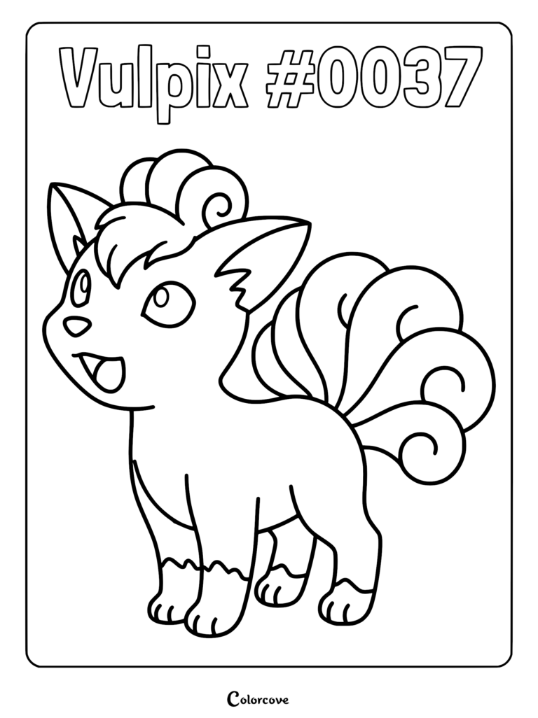 A printable coloring page featuring Vulpix with its signature curly hair and six curled tails.