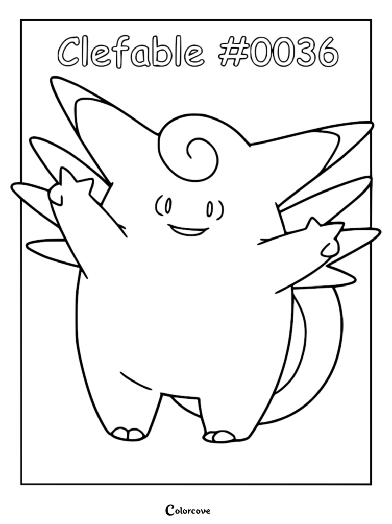Clefable #0036 standing with arms raised in a simple line art coloring page style.