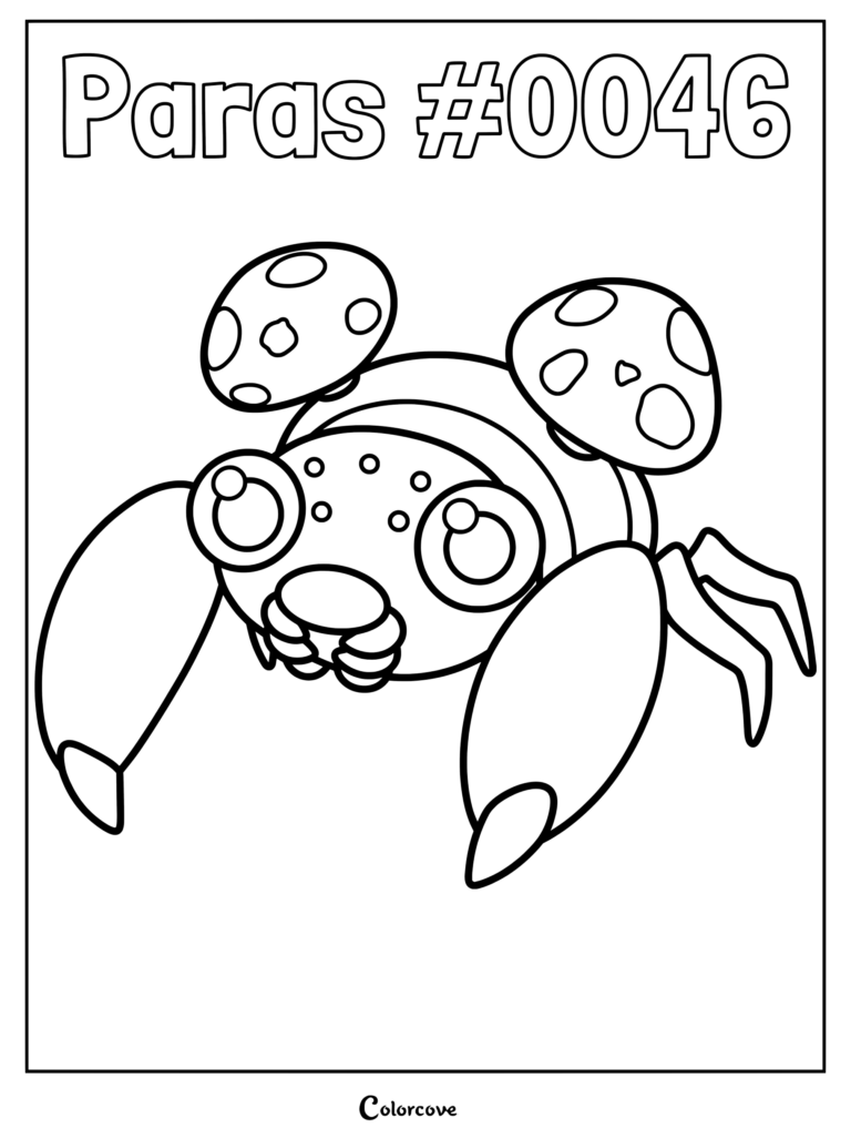 Paras 0046 coloring page featuring the bug-type Kanto Pokemon with two large spotted mushrooms on its back