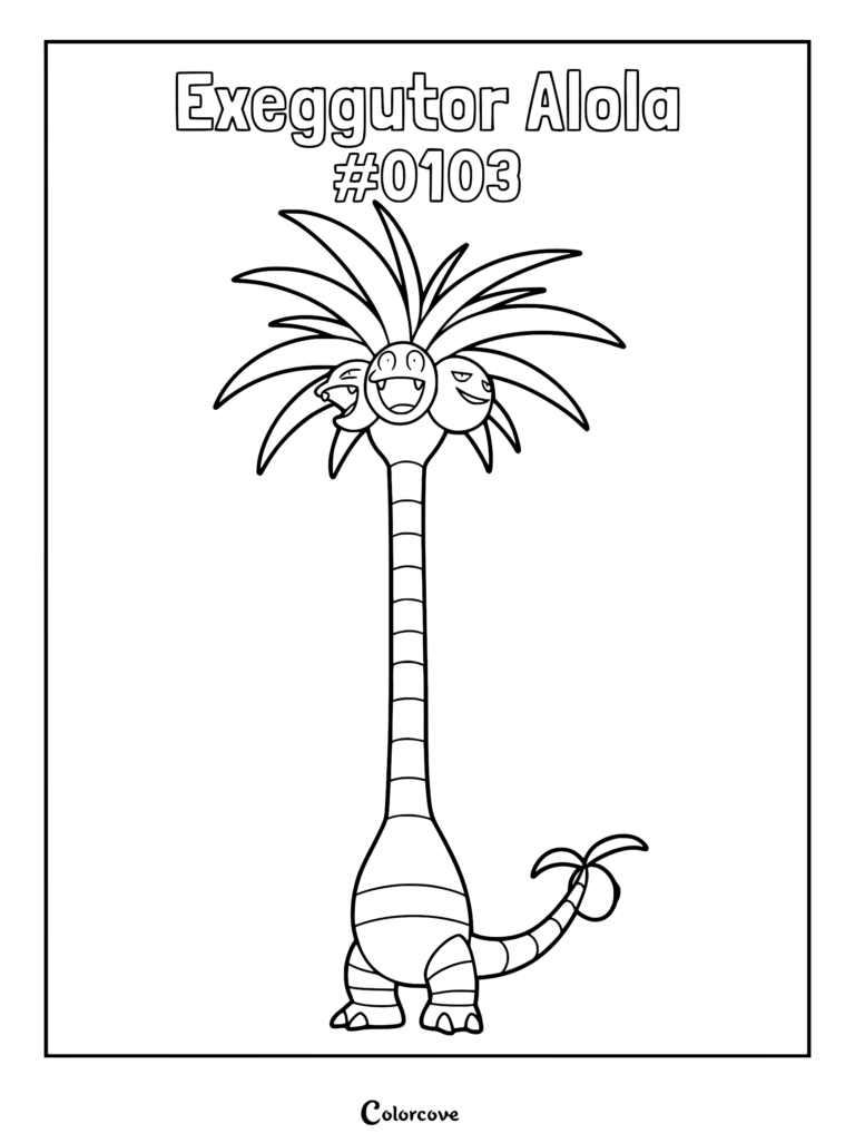 A printable coloring page featuring the tall Alolan Exeggutor with its long neck and multiple heads.