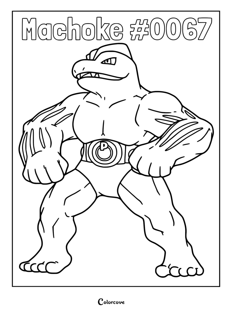 A printable Machoke coloring page featuring the muscular Kanto Pokemon wearing a power belt with a P emblem.