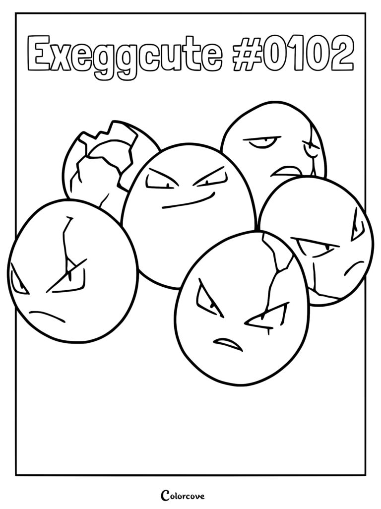 Exeggcute coloring page featuring the group of six cracked egg-like Pokemon with distinct facial expressions.