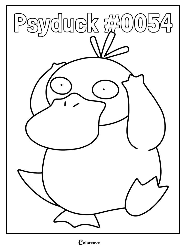 Psyduck holding its head in a coloring page illustration with the text Psyduck #0054 at the top.